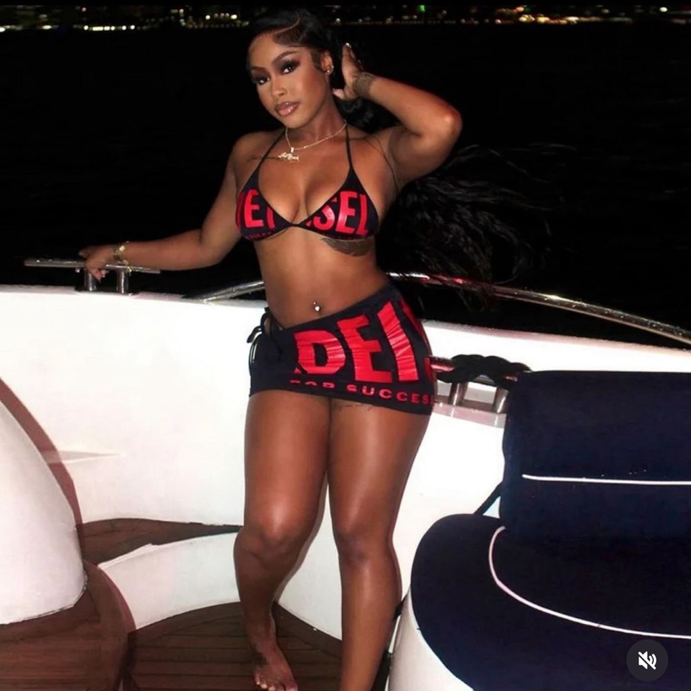 Black & Red Two-Piece Bikini Set with Logo Skirt